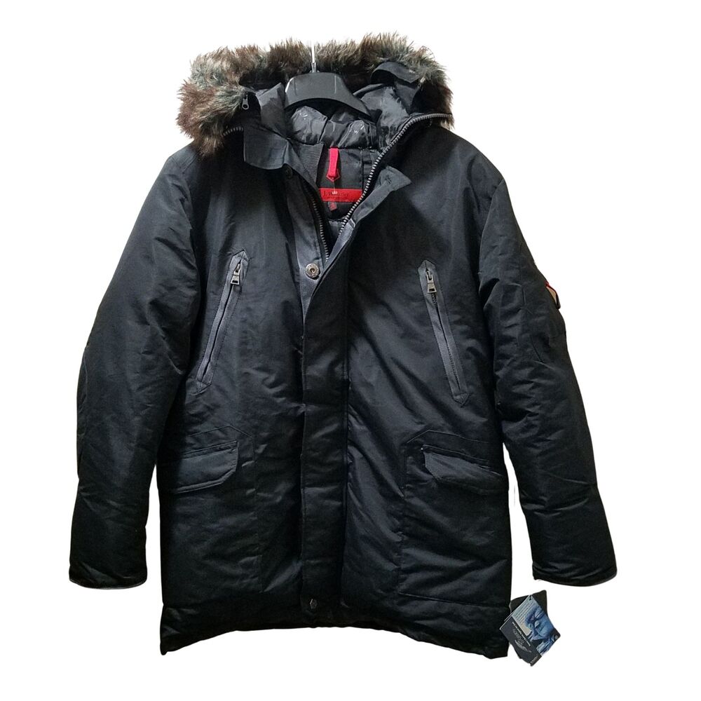 J Whistler Down Parka Puffer Coat Men’s Medium Black Red Trim Hooded Heavy NEW